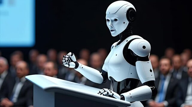 White humanoid robot speaking on podium - Powered by Adobe