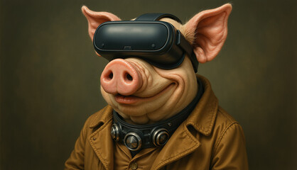 Pig Wearing VR Headset and Leather Jacket in a Steampunk Style Portrait