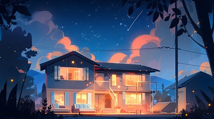 simple house at night with glowing windows, colorful anime style