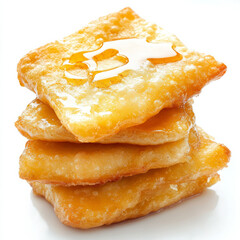 A close-up of a stack of fluffy sopapillas, deep-fried pastries drizzled with honey and cinnamon,