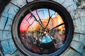 Obraz premium Cracked Camera Lens Capturing a Distorted Reflection of a Bustling Photography Marketplace