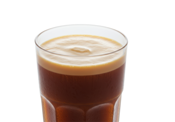 Nitro Cold Brew Smooth coffee with velvety crema in a clear glass against a black backdrop