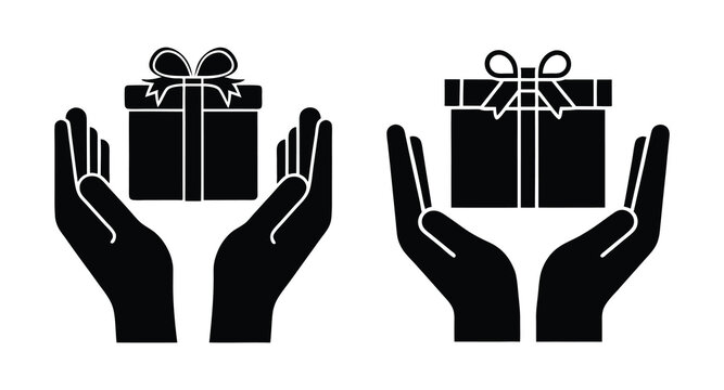 Black silhouette vector of hands holding gift boxes. Ideal for concepts of giving, celebration, surprise, and charity. EPS format.