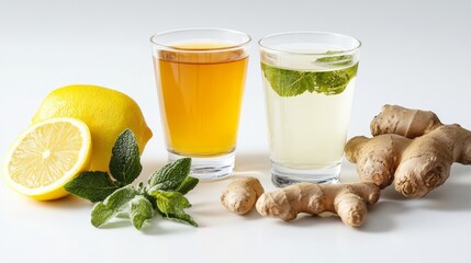 Fototapeta premium ginger and lemon water on white background
