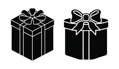 Set of black silhouette gift box vectors with bows. Perfect for holiday, birthday, and celebration designs. Isolated EPS icons.