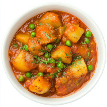 A bowl of aloo mutter, with potatoes and peas cooked in a flavorful tomato and onion sauce, isolated