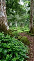 Fototapeta premium Lush Green Forest with Mossy Rocks and Trees