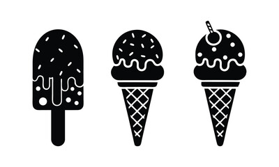 Set of black silhouette ice cream icons. Includes popsicle and cones with sprinkles and cherry. Perfect for summer and dessert themes. EPS vector.