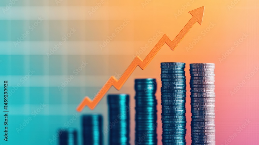 Poster coins stack growing with upward arrow symbolizing interest rate increase