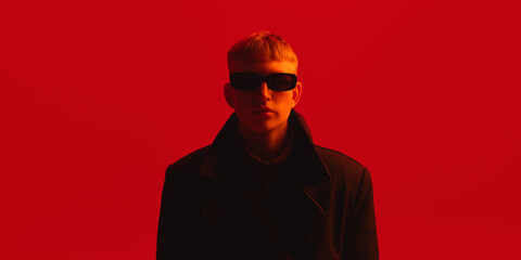 Portrait of young man in black coat and sunglasses stares ahead in moody red background. Concept of beauty, fashion, youth culture, futuristic vibe, visual identity, modern trends