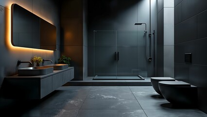 Surreal High-Tech Futuristic Bathroom Combining Cold Metal Structures and Deep Black Surfaces with Layered Textures and Innovative Lighting Design