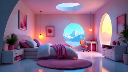 Dreamlike Futuristic Child Bedroom Featuring Smart Technology, Colorful Ambient Lighting, and Surreal Creative Decor for Inspired Play
