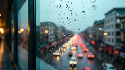 Modern Futuristic Window with Integrated Technology Showcasing Glistening Rain Droplets in a Dynamic Urban Environment
