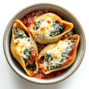 A bowl of spinach and ricotta stuffed shells, with large pasta shells filled with a creamy spinach