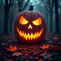 A glowing jackolantern with a sinister smile on an autumnal ground