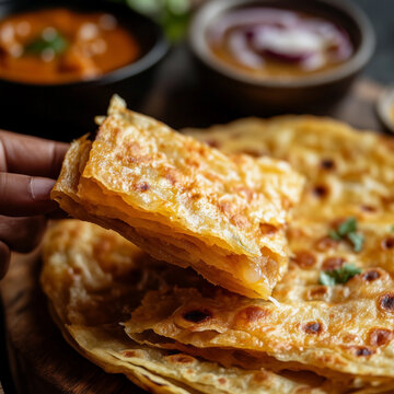 A crispy and flaky Malabar parotta being torn apart, served with spicy curry and chutney in the background.	
