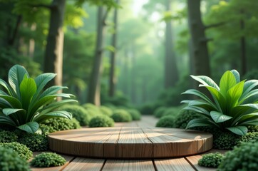 Wooden circular path through a lush green forest