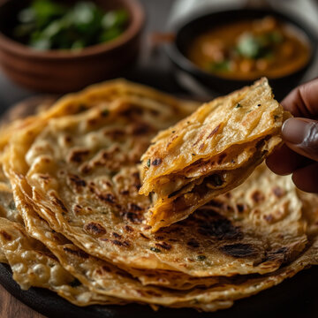 A crispy and flaky Malabar parotta being torn apart, served with spicy curry and chutney in the background.	
