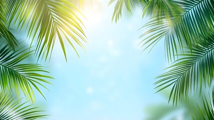 Naklejka premium A vibrant summer scene framed by tropical foliage.