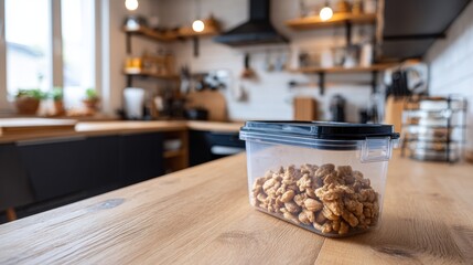 A sealed plastic container with a locking lid sits on a kitchen counter filled with pet food, providing secure storage in a contemporary kitchen environment