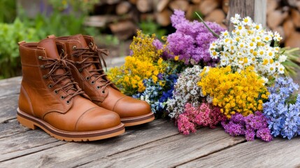 Leather boots are filled with an array of bright wildflowers, showcasing vibrant colors against a rustic backdrop, inviting a sense of warmth and nature