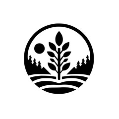 Minimalist Nature Logo: Tree, Mountains, and Sun in a Circle