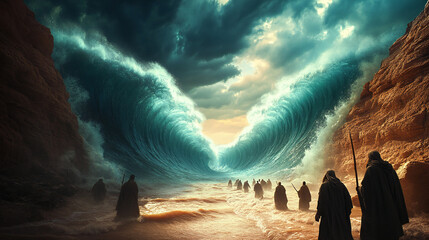 Biblical scene of mosses parting the red sea dramatic waves frozen mi separation Israelites crossing on dry land stormy skies above