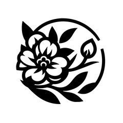 Black and White Floral Silhouette in Circle, Minimalist Design