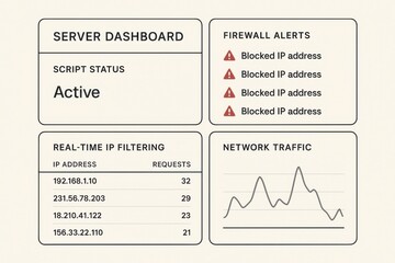 Network security and configuration enhance network administration concept. Server dashboard displaying active status, firewall alerts, IP filtering, and network traffic graphs.