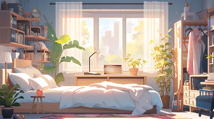 cozy bedroom with bed, bookshelf and window view, colorful anime style