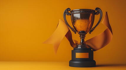 Trophy with shiny surface and ornate details, accompanied by vibrant orange ribbon, symbolizes achievement and victory