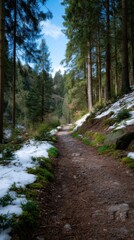 Fototapeta premium Forest Trail with Patches of Snow on a Sunny Day, Exploring Nature, Path Through Woods, Hiking