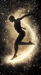 Fototapeta premium Golden Leap of Faith: A dynamic silhouette of a dancer leaps gracefully, leaving a sparkling golden trail. The image evokes a sense of freedom, energy, and limitless potential. 