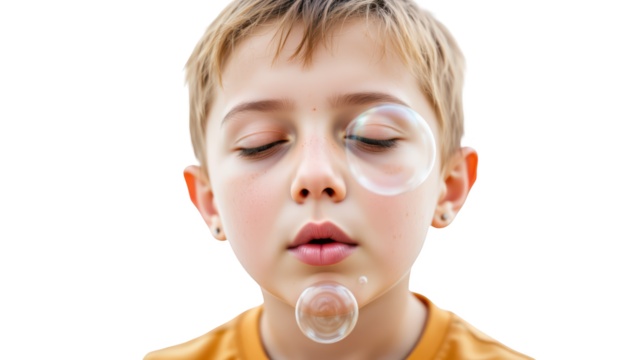 Playful little boy blowing bubbles with his nose, a whimsical childhood moment young - Powered by Adobe