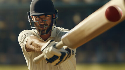Action shot of professional male cricket player swinging bat with ball in motion, closeup in stadium with natural lighting