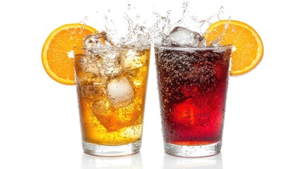 Two Glasses of Soda with Orange and Ice Cube