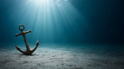 A weathered iron anchor is settled on the sandy seabed, with sunlight pouring through the water's surface, creating a serene underwater atmosphere