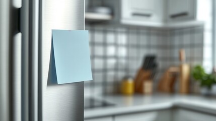 Light Blue Sticky Note on Stainless Steel Refrigerator in Modern Kitchen