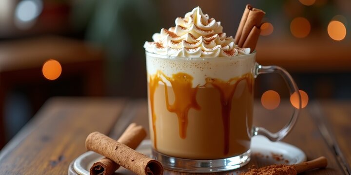A cup of hot chocolate with whipped cream and cinnamon sticks on a wooden table