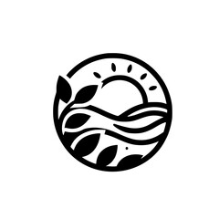 Obraz premium Minimalist Nature Logo: Sunrise, Waves, and Leaves