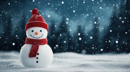Smiling snowman in snowy winter wonderland