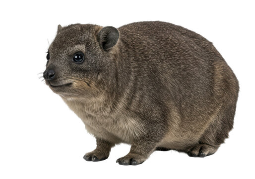 Rock hyrax stares ahead a furry compact mammal against a black backdrop