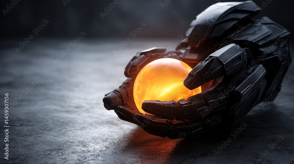 Poster A robotic claw carefully holds a luminous orb, creating a modern and sleek visual against a dark surface with ample copy space for text or branding