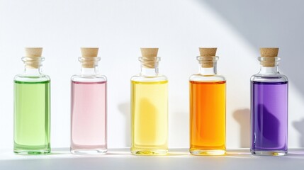Elegant still-life of six glass bottles filled with colored solutions against pristine white
