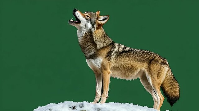 A lone wolf howls, standing tall on a snowy mound against a solid green backdrop.  Its fur is a mix of brown and gray, its expression alert and wild