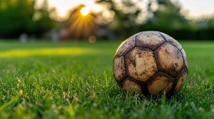 Fototapeta premium Evening sunlight reflecting on leather football placed on well-trimmed grass field
