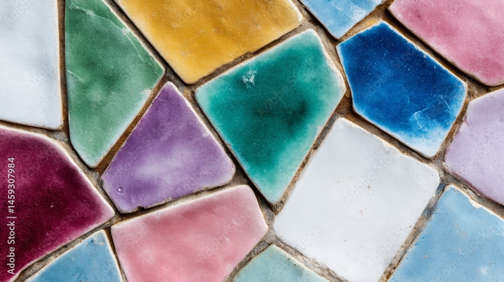 Poster A bright and intricate mosaic pattern made of pentagonal tiles in various hues adds a vibrant touch, complemented by available space on the right side for text