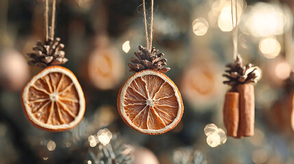 Christmas tree decorated with hanging diy ornaments made with dried orange slices and cinnamon sticks