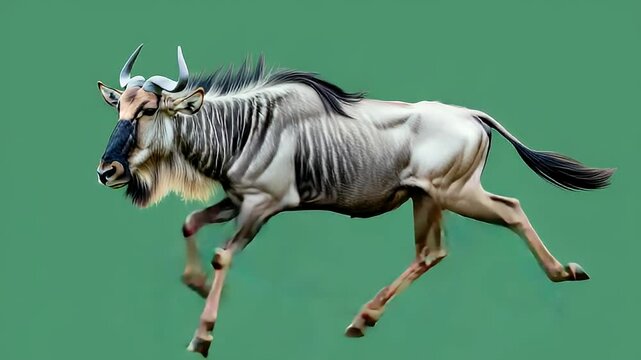 A wildebeest in mid-stride, showcasing its powerful muscles and distinctive markings against a solid backdrop