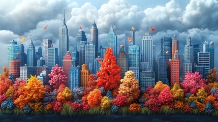 Colorful autumnal city skyline illustration.